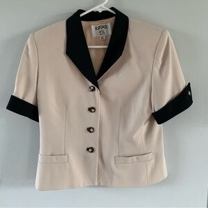 Vintage Blazer Blouse Boxy Cream Black V Neck Tailored Fitted Top Kasper Size 10